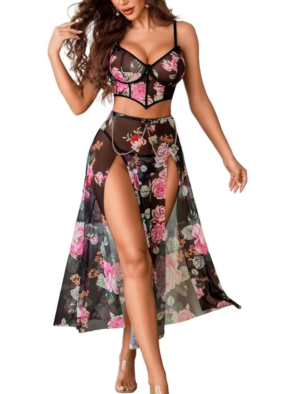 Women's Lilac V Neck Sexy Long Skirt Two Side Split Lingerie Set 3 Piece Outfits